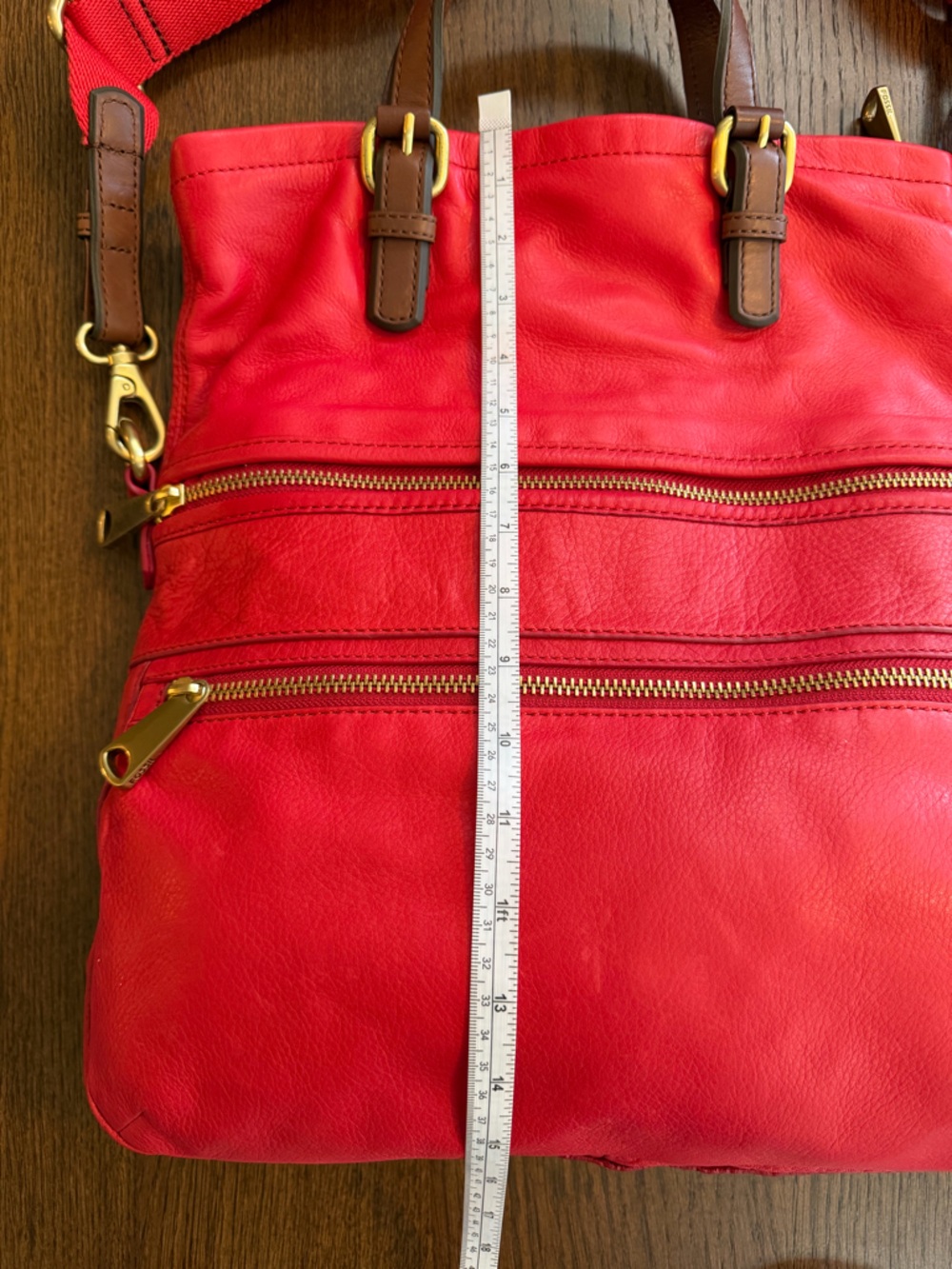 NWT Fossil Red Leather Explorer Fold Over Convertible Shoulder Tote w Brown Trim - Picture 5 of 13